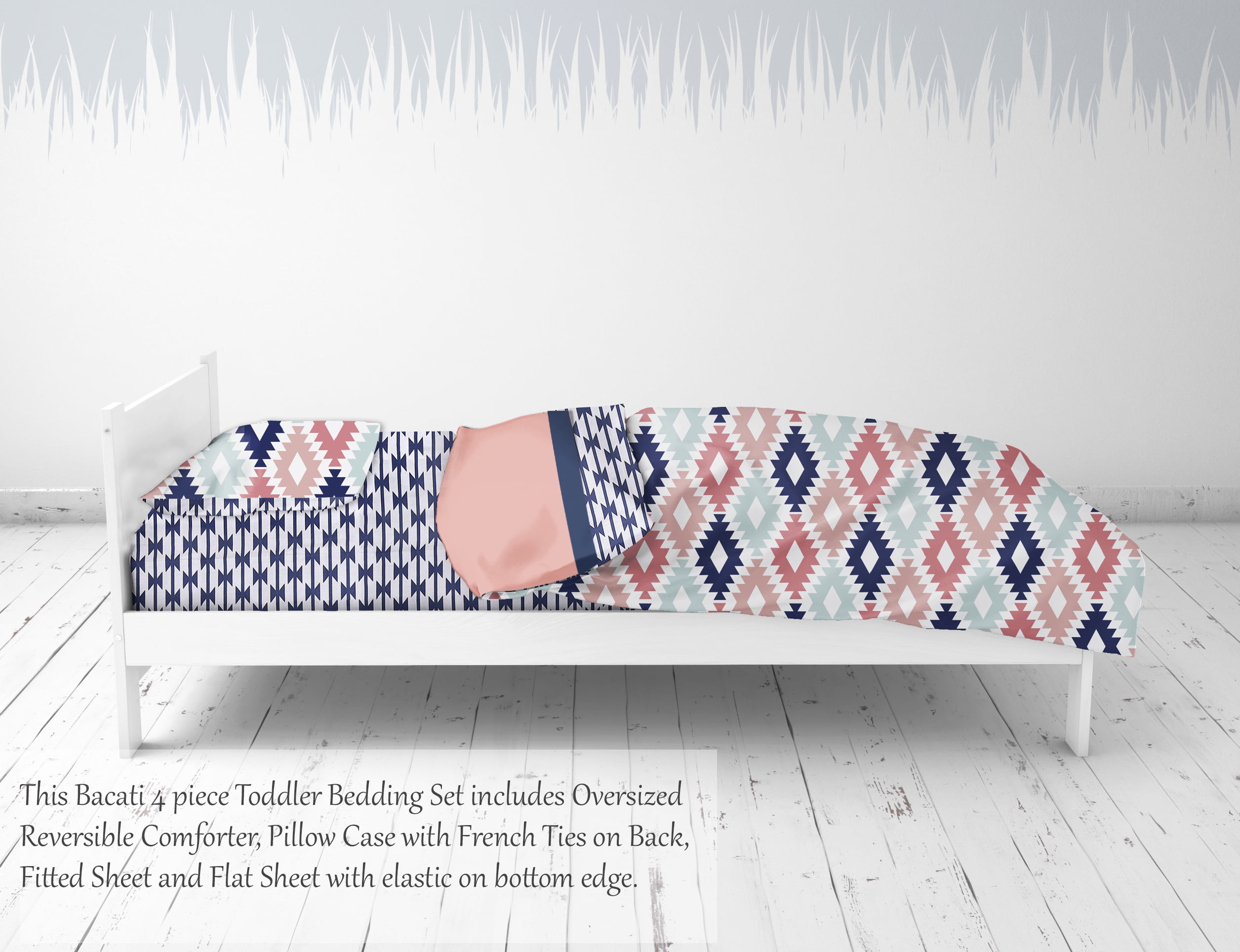 Bacati - Emma Aztec Coral/Mint/Navy 4-Piece Toddler Bedding Set 100% Cotton percale fabrics