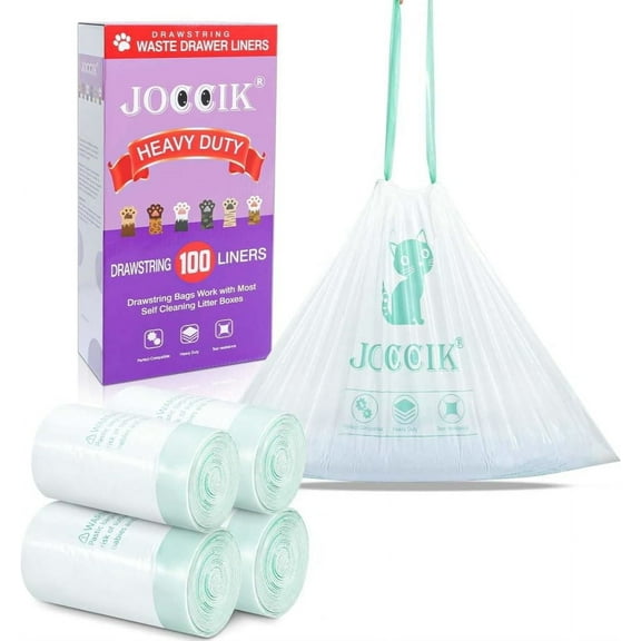 Drawstring Litter Liner Bags Compatible with Automatic Cat Litter Boxes 100 Count Tear Resistant Waste Drawer Liners