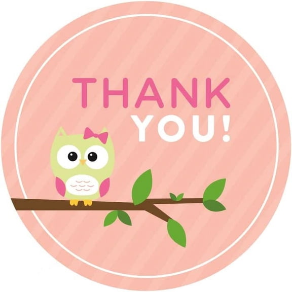 Thank You Modern Owl Girl Baby Shower Round Label Stickers, 40-Pack