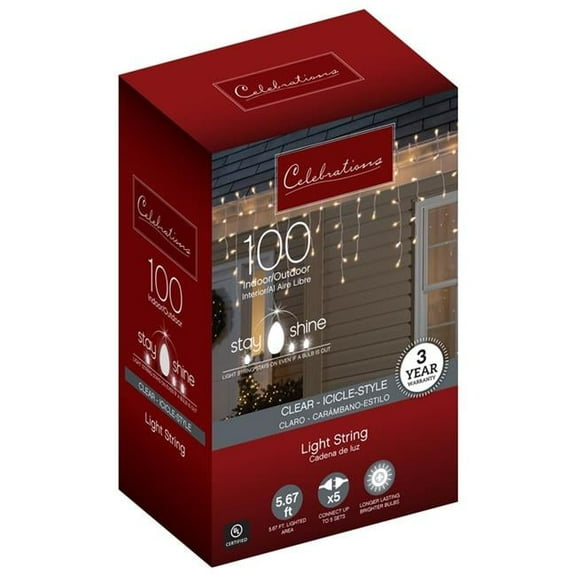 Celebrations 9073827 Incandescent Stay Shine Incandescent Mini Clear & Warm White Icicle Christmas Lights  100 Count