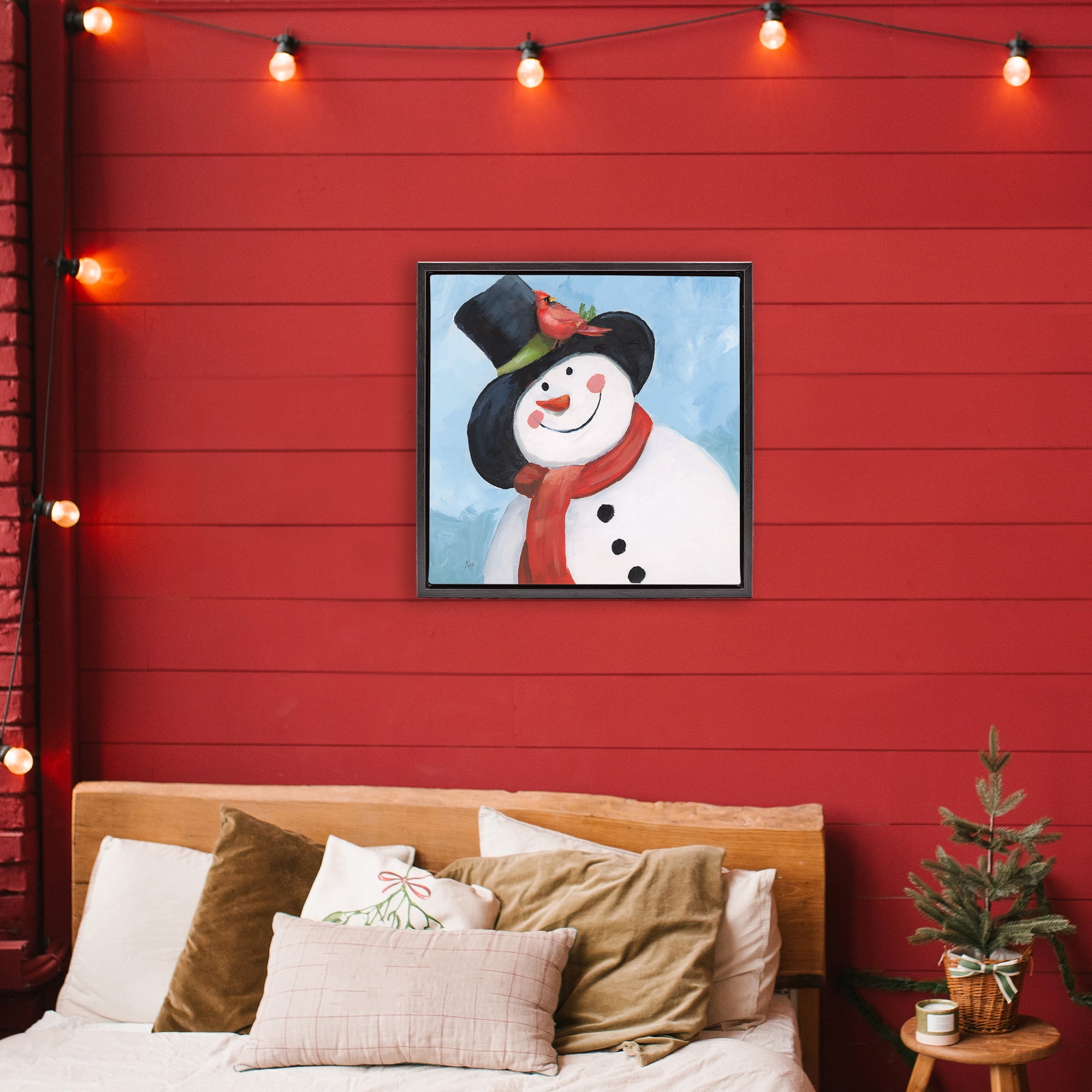 Stupell Industries Cheerful Snowman with Cardinal Black Framed Floater Canvas Wall Art, design by Nan