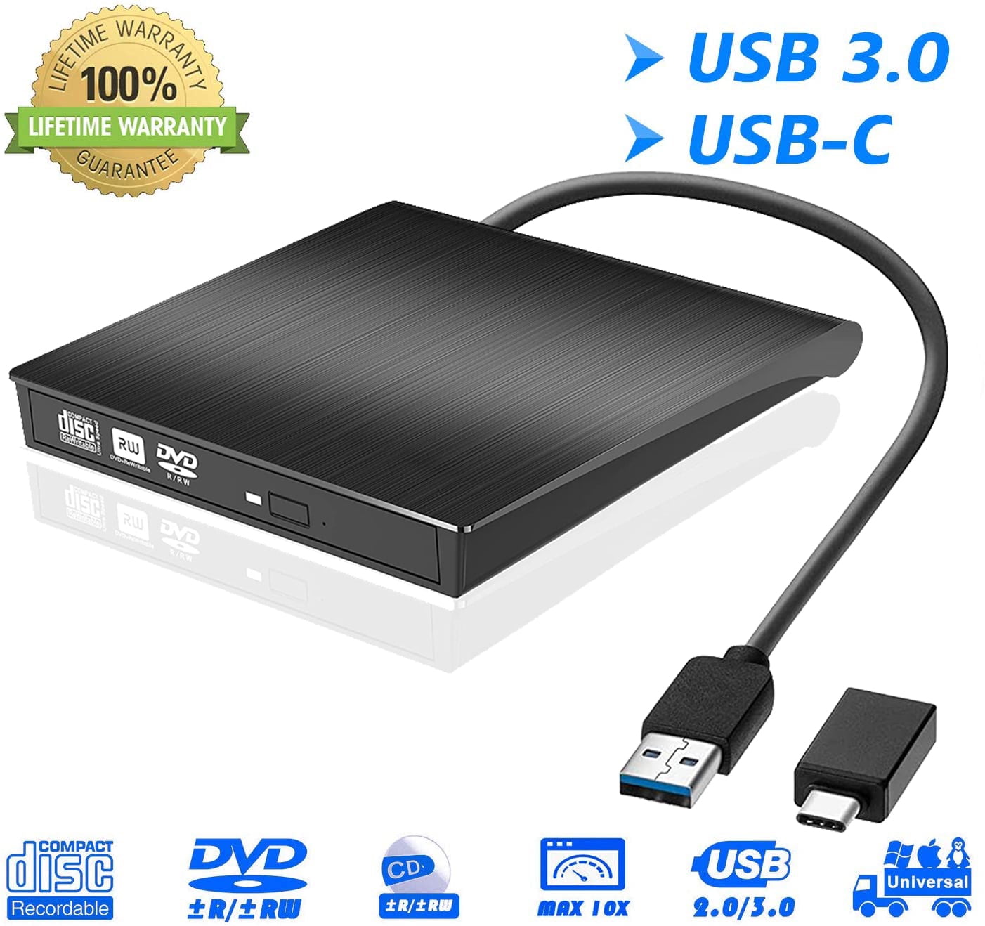 External DVD Drive for Laptop, Portable HighSpeed USBC & USB 3.0 CD