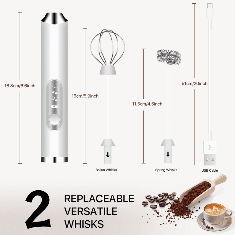  White Milk Frother USB Rechargeable Electric Handheld Foam  Maker with 2 Stainless Steel Whisk for Bulletproof Coffee Protein Drinks  Matcha Coffee Whisk: Home & Kitchen