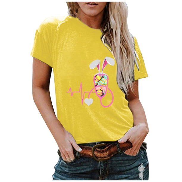 Pntutb - Camiseta con estampado de conejo y cuello redondo para mujer, blusa suelta informal de manga corta de Pascua Pntutb Pntutb-1402