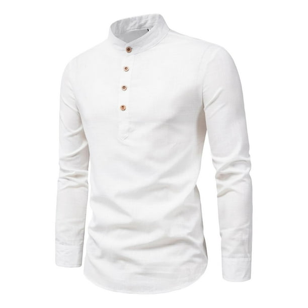 Yinanstore Men's Long Sleeve Shirt Band Collar Shirt Casual Button