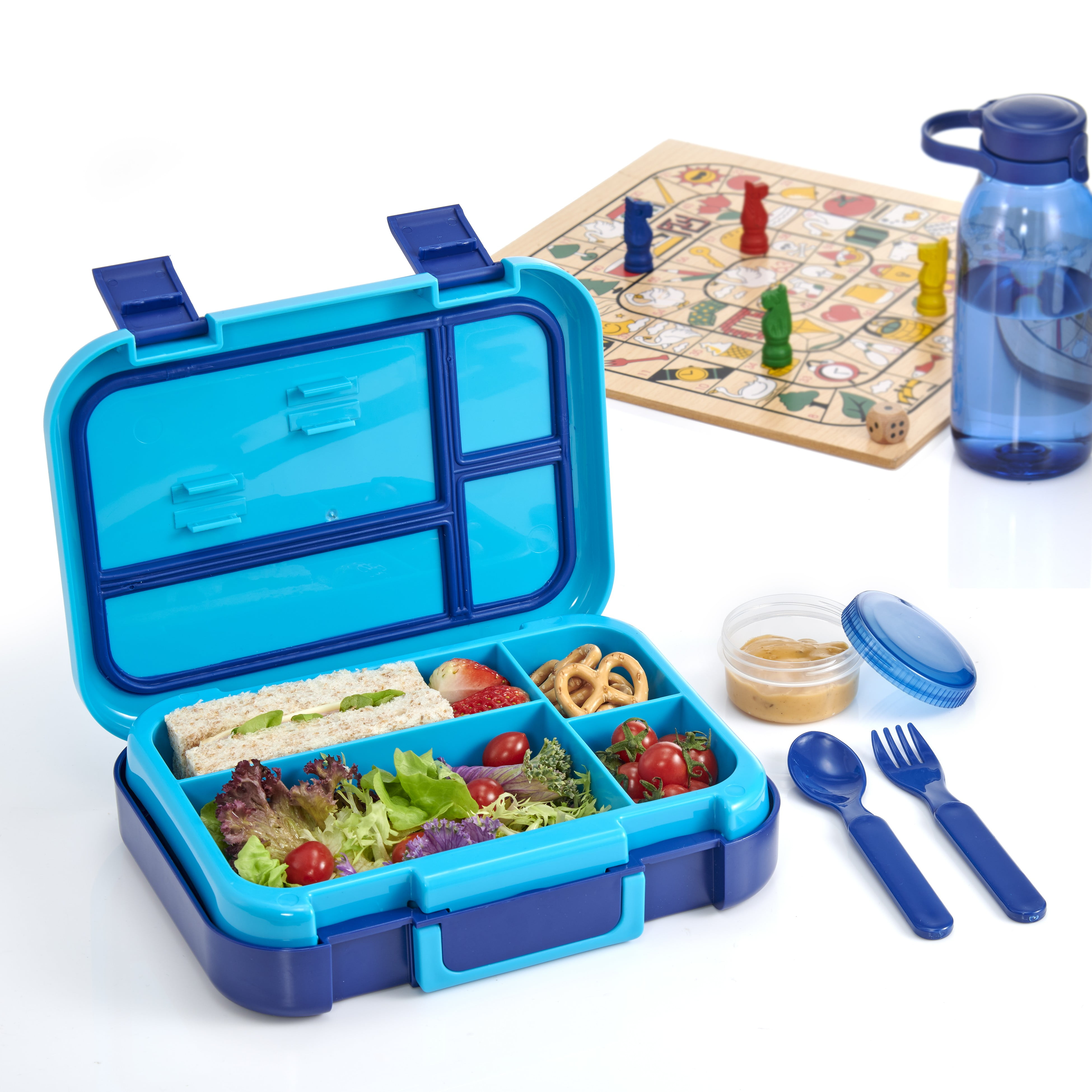 Blue Ele Lunch Box Bento Boxes Kids Childrens With Spoon,Fork & Sauce  Container