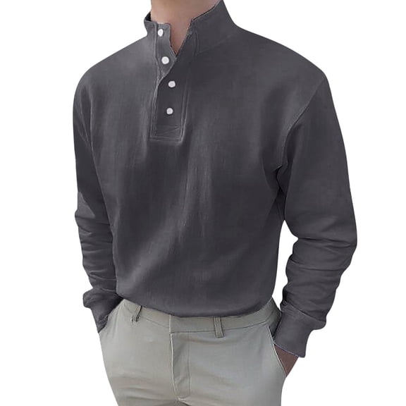 Mens Big and Tall Tees Shirts M-5X Plus Size Long Sleeve Button Stand Collared Tops Casual Solid Color Relaxed Pullover Workwear T-Shirts