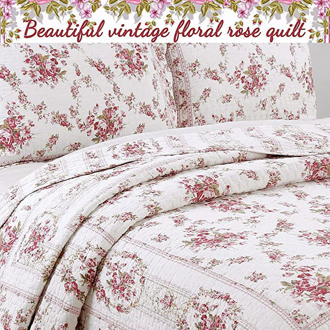 Cozy Line Cottage Vintage Rose Reversible 100% Cotton Quilt Bedding Set, 3-Piece Queen Set
