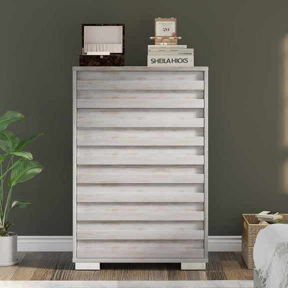 Papajet 5-Drawer Dresser for Bedroom, Farmhouse Wooden Dresser, Distressed White