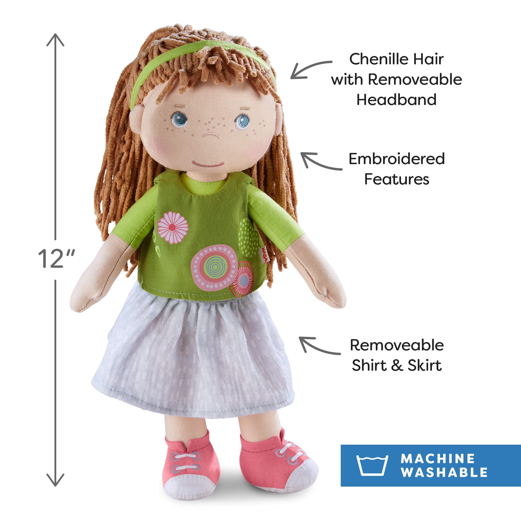 HABA 12" Soft Baby Doll Hedda with Brown Hair, Blue Eyes & Embroidered Face, Washable Toddler Doll for 18 Months+