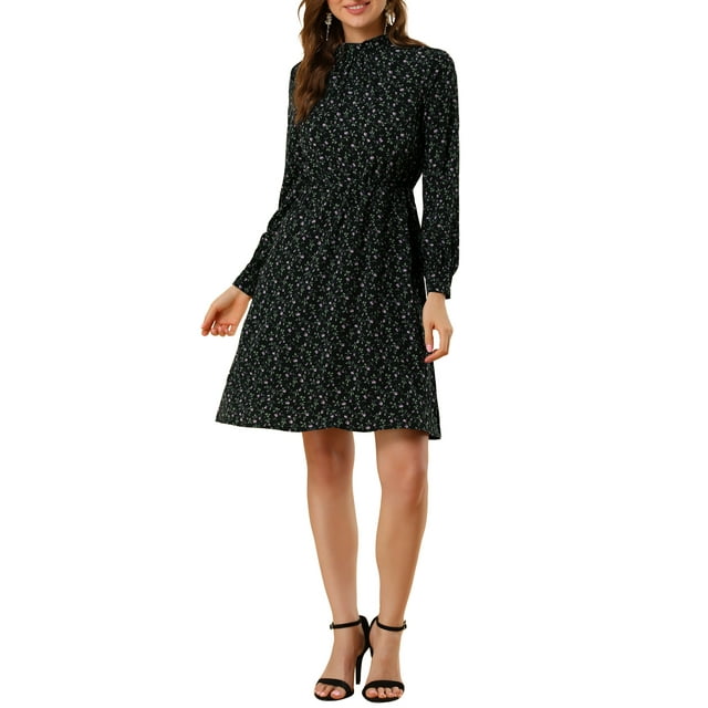 INSPIRE CHIC Robe Fleurie pour Femme Col Montant Manches Longues Taille à Nouer Longueur Genou Robe Bohème TP Noir
