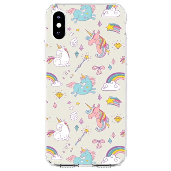DistinctInk Clear Shockproof Hybrid Case for iPhone XR (6.1" Screen) - TPU Bumper, Acrylic Back, Tempered Glass Screen Protector - Unicorn Rainbow Wand Pattern - Beige