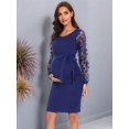 thumbnail image 3 of Floral Mesh Long Sleeve Maternity Midi Dress, Fall Maternity Bodycon Dress for Baby Shower/Photoshoot Dark Blue L, 3 of 7