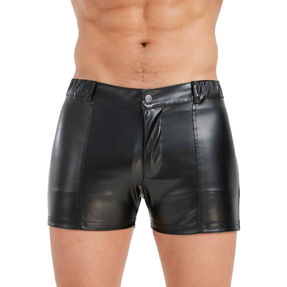 RYDCOT Men's PU Leather Shorts Elastic Waist Rave Hot Short Pants Zipper Men Shorts with Pockets for Club Party Black