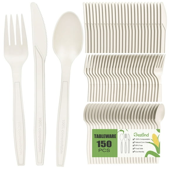 Gezond Compostable Utensils Set 150pcs Disposable Forks Knives Spoons 7 Inch Heavy Duty Biodegradable Cutlery
