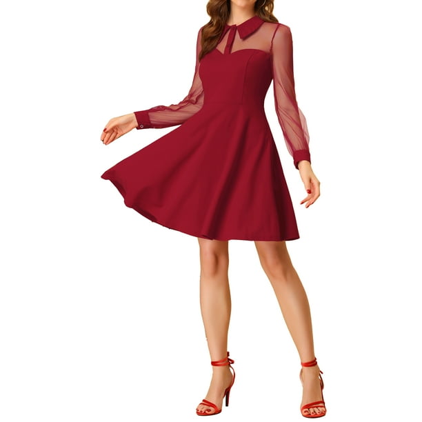 INSPIRE CHIC Vestido de fiesta con cuello retro y mangas de malla transparente para mujer rojo XS