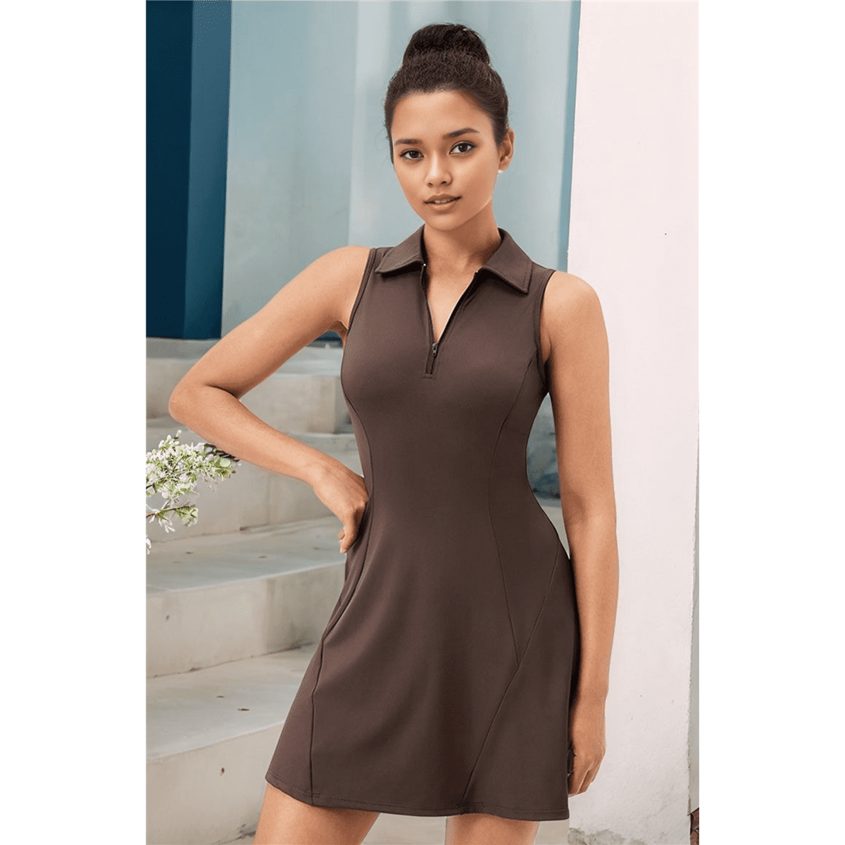 Golf Dress for Women Tennis Dresses with Shorts Pockets Sleeveless Sport Active Workout Athletic Dress Dark Brown L