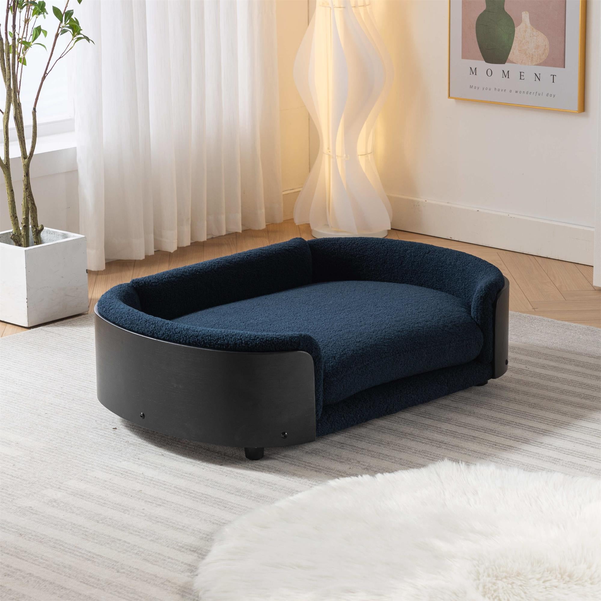 Pefilos 38" Elevated Pet Dog Bed with Solid Wood Legs and Black Bent Wood Back, Cashmere Cushion, Pet Sofa for Indoors Dogs, Dark Blue Pefilos 38" Elevated Pet Dog Bed with Solid Wood Legs and Black Bent Wood Back, Cashmere Cushion, Pet Sofa for Indoors Dogs, Dark Blue