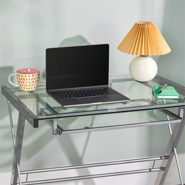 Manor Park Glass Top Computer Desk with Pull Out K Walmart