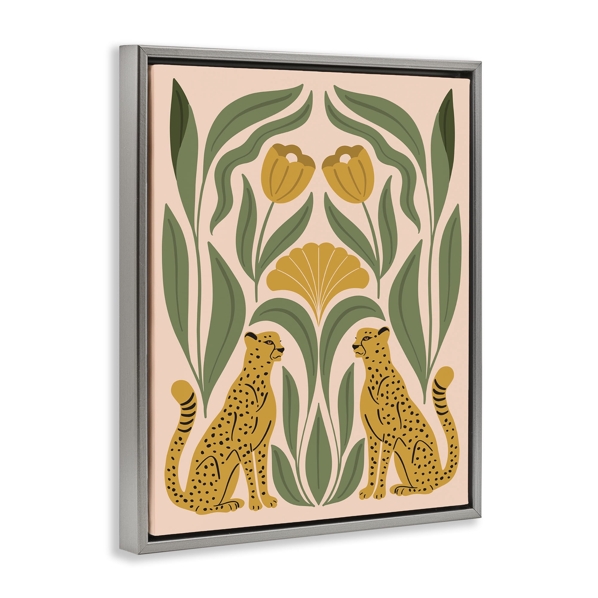 Stupell Industries Boho Chic Mirrored Leopards Plants & Flowers Painting Gray Floater Framed Canvas Art Print Wall Art, 17 x 21