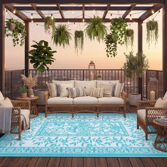 Outdoor Rug 8x10 Patio Waterproof, Reversible Plastic Straw Camping Rug, Botanical Grove Vintage Cottage core Outdoor Mat for RV, Deck, Picnic, Beach, Backyard, LightBlue