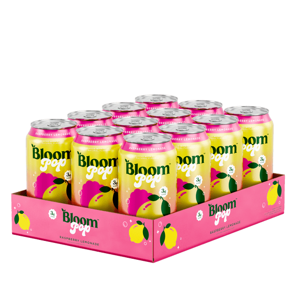 Bloom Nutrition Pop Prebiotic Soda, Raspberry Lemonade, 12 fl oz, 12 Pack