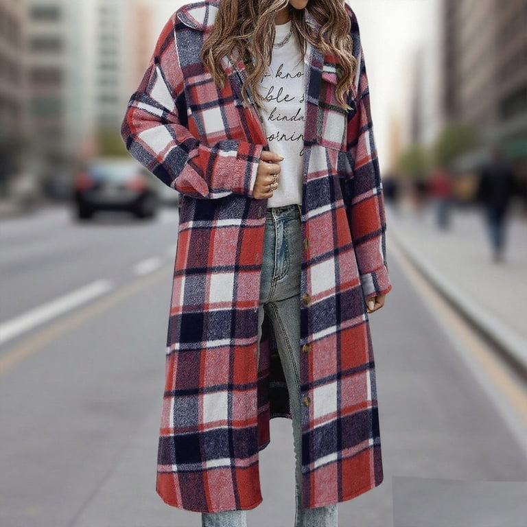 Womens Long Plaid Jacket Shacket Casual Long Sleeve Lapel Button