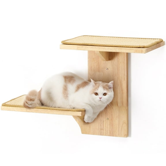 FUKUMARU Cat Wall Shelf with 2 Platform & Sisal Mats, Solid Rubber Wood