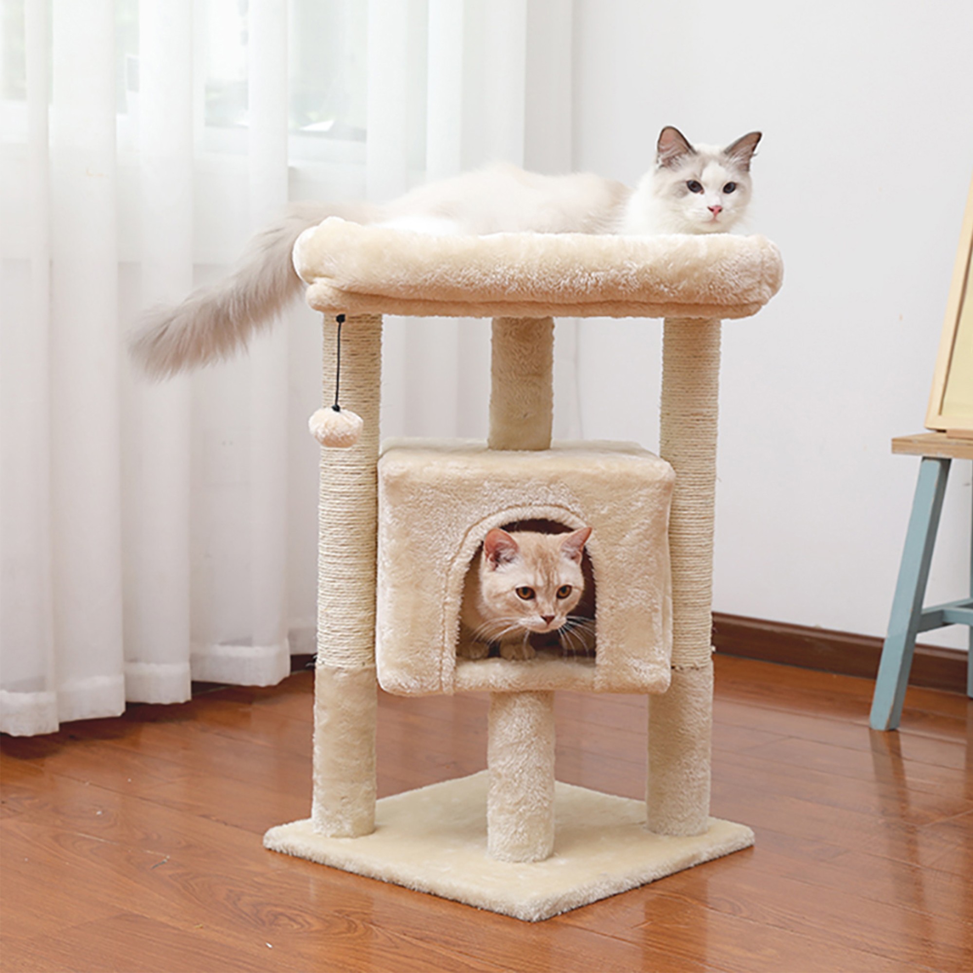 Kadyn 28" Multi-Level Cat Tree Tower Cat Condo with Scratching Posts, Jump Platform Top Perch and Dangling Ball, Beige