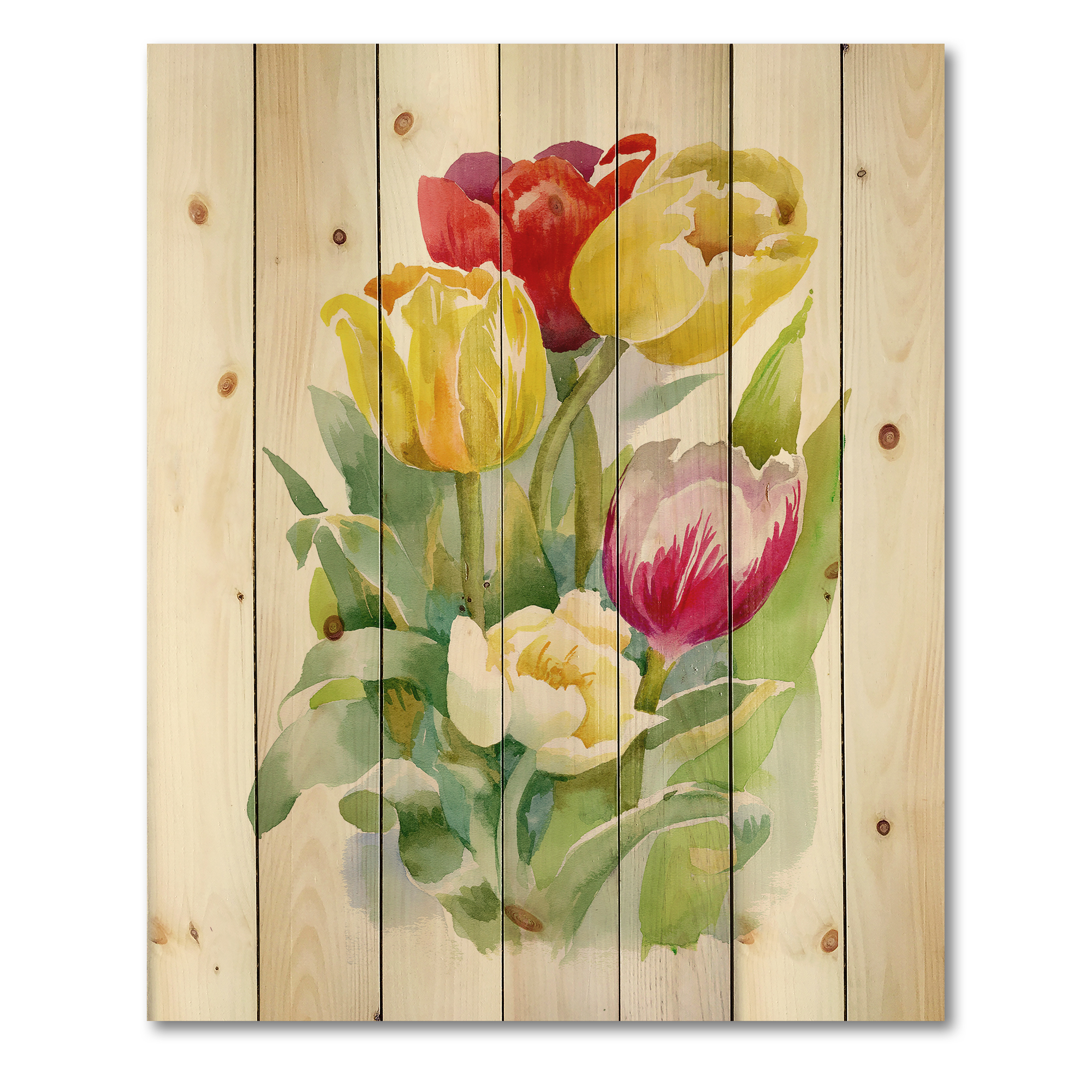 Designart 'Bouquet of Red and White Tulips' Traditional Print on Natural Pine Wood