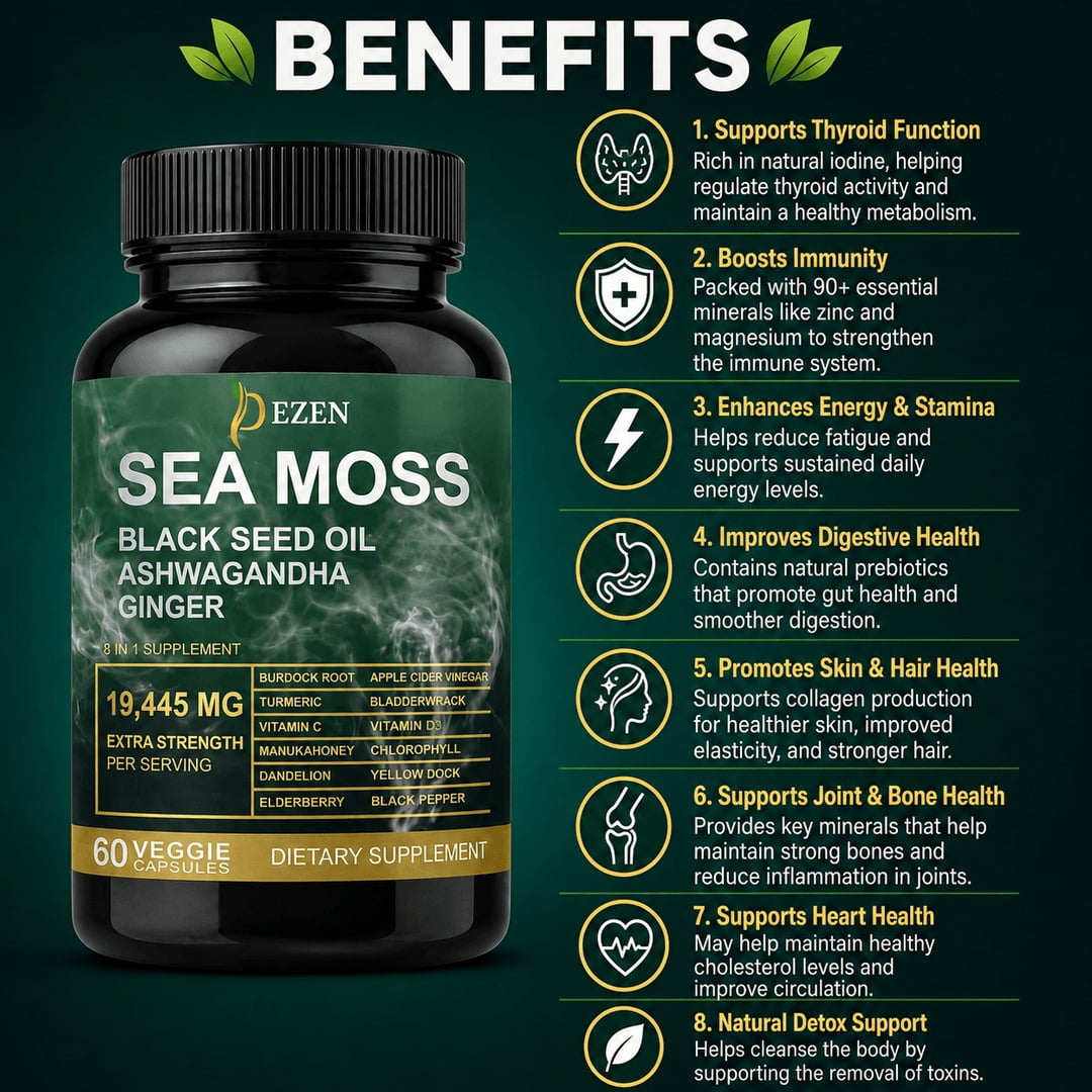 Sea Moss Capsules with Ashwagandha, Black Seed Oil, Burdock Root & Turmeric, Multi Ingredient Herbal Supplement, Pack 5