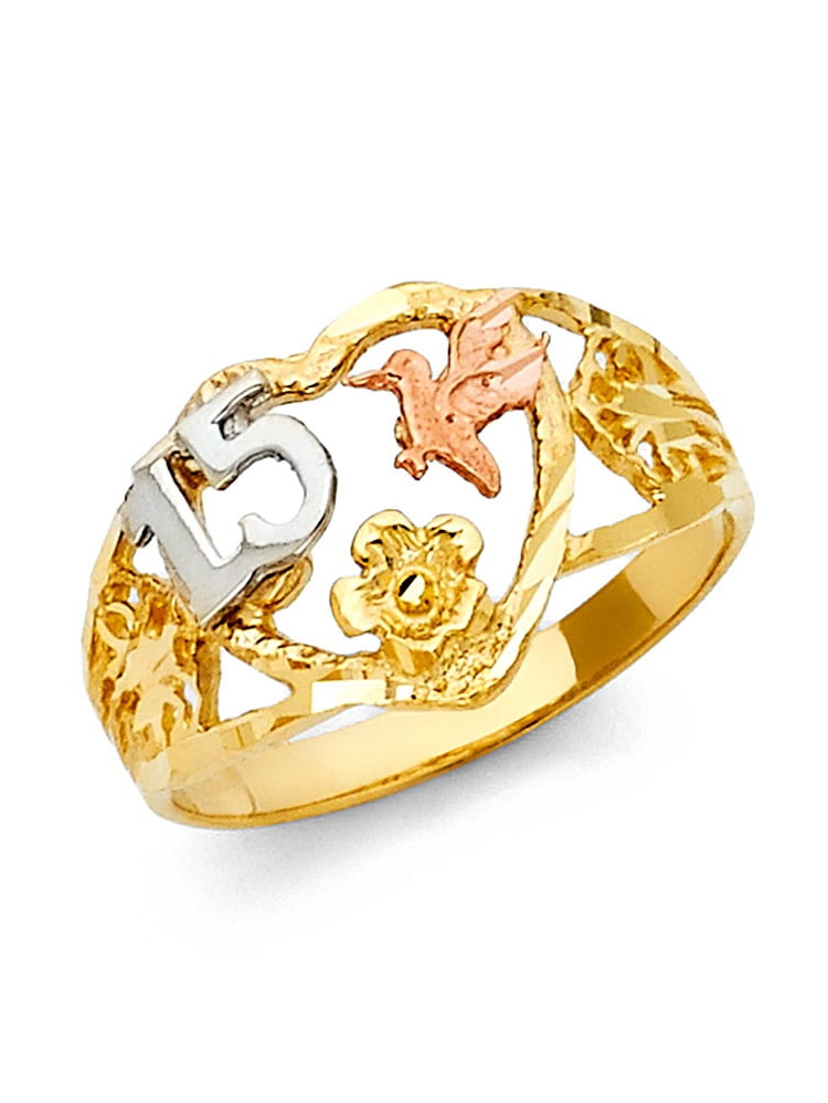 GemApex Quinceanera 15 Heart & Dove Ring Solid 14k Yellow White Rose