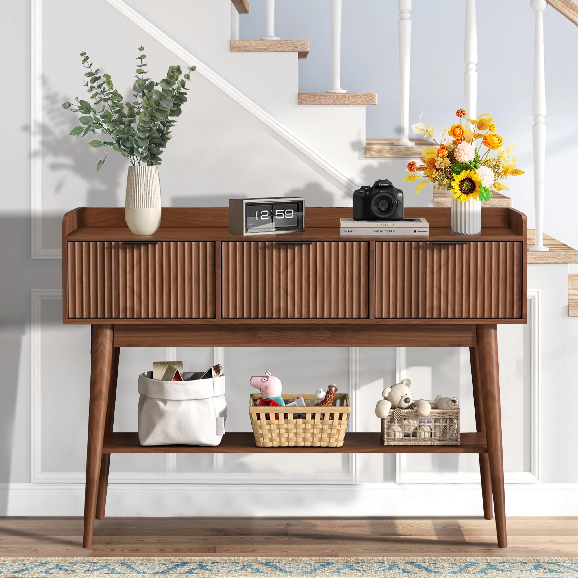Console Table with Drawers, Narrow Entryway Table with Storage Shelves, Accent Sofa Table for Living Room, Hallway, Walnut