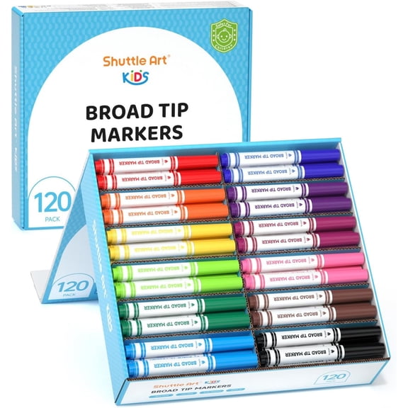 Shuttle Art 120 Count Washable Markers, 10 Assorted Colors Broad Line Conical Tip Large Markers Bulk with a Box