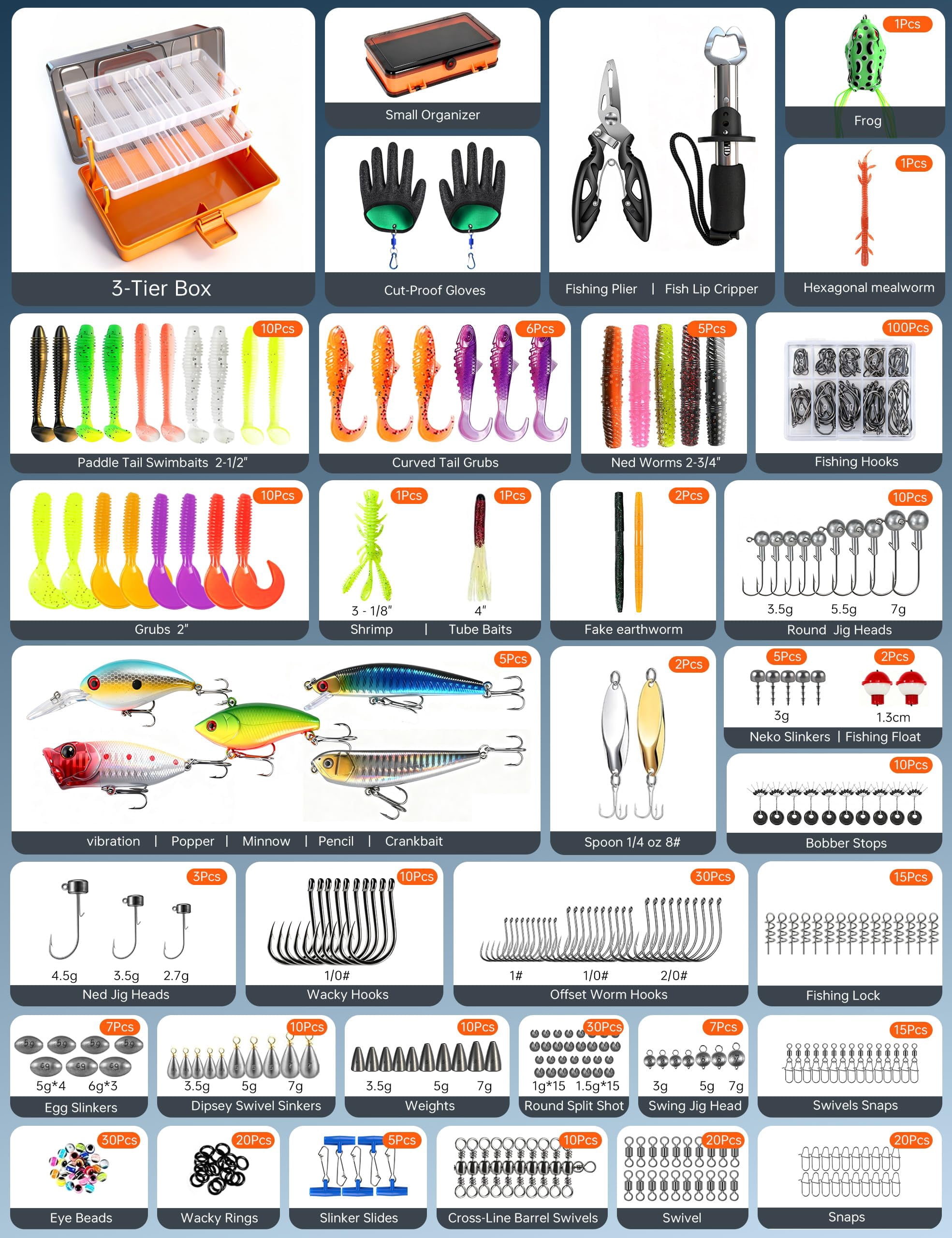 Large 3-layer Fishing Tackle Box With Included  All-in-one 417 Lures Kit Small 2-sided & Gloves For Anglers Complete Freshwater Bass Gear Gift Men