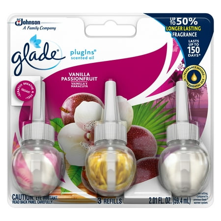Glade PlugIns Scented Oil Refill Vanilla Passion Fruit, Essential Oil Infused Wall Plug In, Up to 50 Days of Continuous Fragrance, 2.01 FL OZ, Pack of