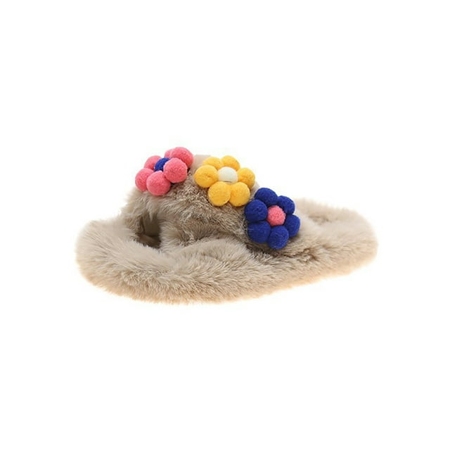 Woobling Ladies Slide Sandals Flat Plush Slipper Slip On Fuzzy Slippers Home Non-slip Open Toe Fluffy Slides Khaki 7.5
