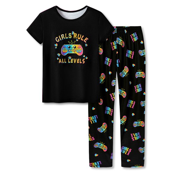 Topgal Cozy Summer Pajamas Set for Little & Big Girls Short Sleeves Pant 2-Piece Gamer Cartoon Sleepwear Set Size 10