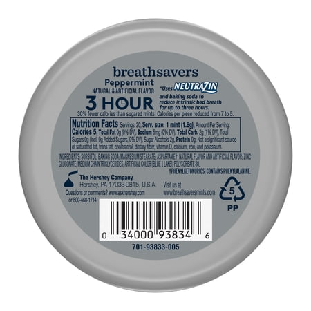 BREATH SAVERS PEPPERMINT FLAVORED SUGAR FREE BREATH MINTS, TIN 1.27 OZ