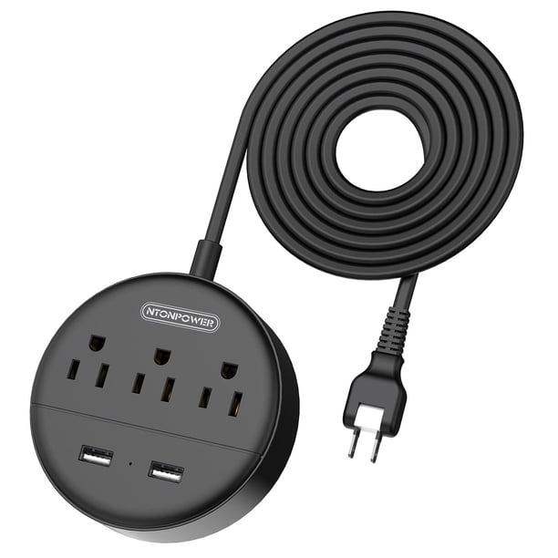 Regleta de alimentación NTONPOWER de 2 clavijas con 3 tomas de corriente alterna y 2 puertos USB