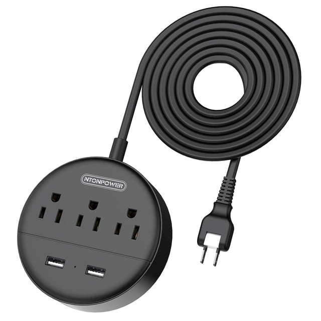 Regleta de alimentación NTONPOWER de 2 clavijas con 3 tomas de corriente alterna y 2 puertos USB