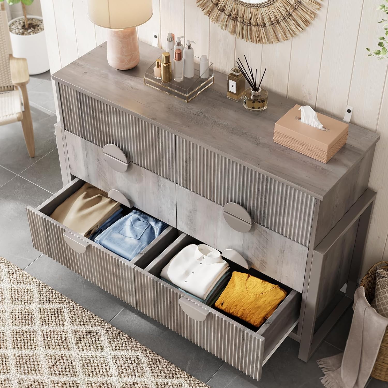 Holliwill 6 Drawer Dresser for Bedroom, Fluted Dresser Chest of Drawers for Living Room, Hallway, Gray
