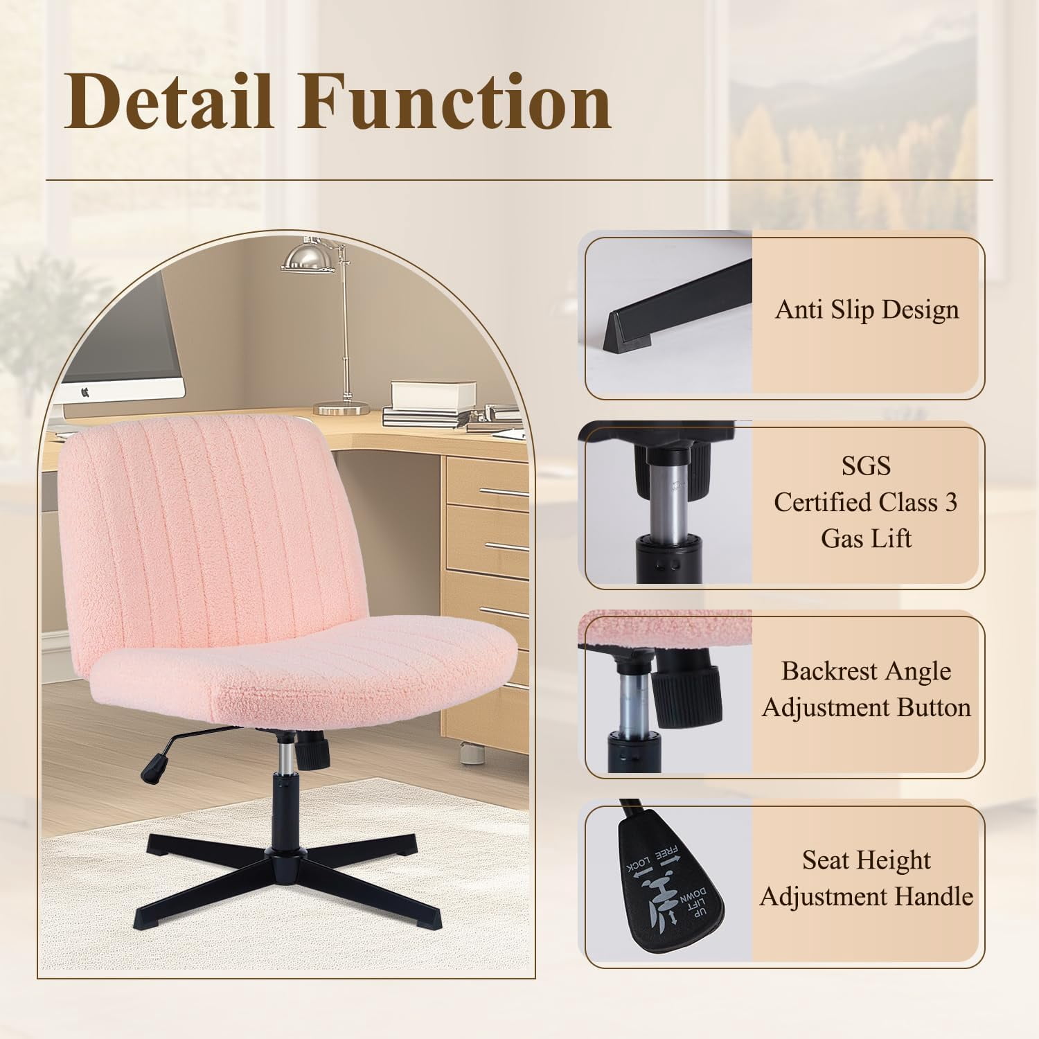 QUIOCOZY Wide Criss Cross Leg Chair, Swivel Office Desk Chair, Adjustable Faux Fur Computer Task Chair, Comfy Armless Vanity Makeup Chair without Wheels for Home & Office