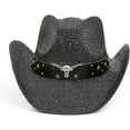 thumbnail image 3 of TOVOSO Straw Cowboy Hat for Women and Men with Shape-It Brim, Western Cowboy Hat, Bull - Black, 3 of 7
