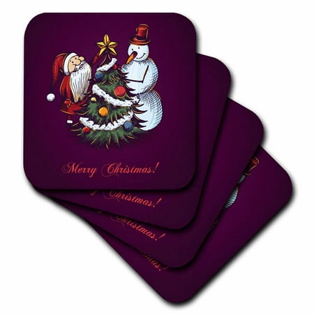Merry Christmas Coaster - 3dRose Cute Snowman With Santa Claus and Christmas Tree With The Words Merry Christmas, Ceramic Tile Coasters, set of 4