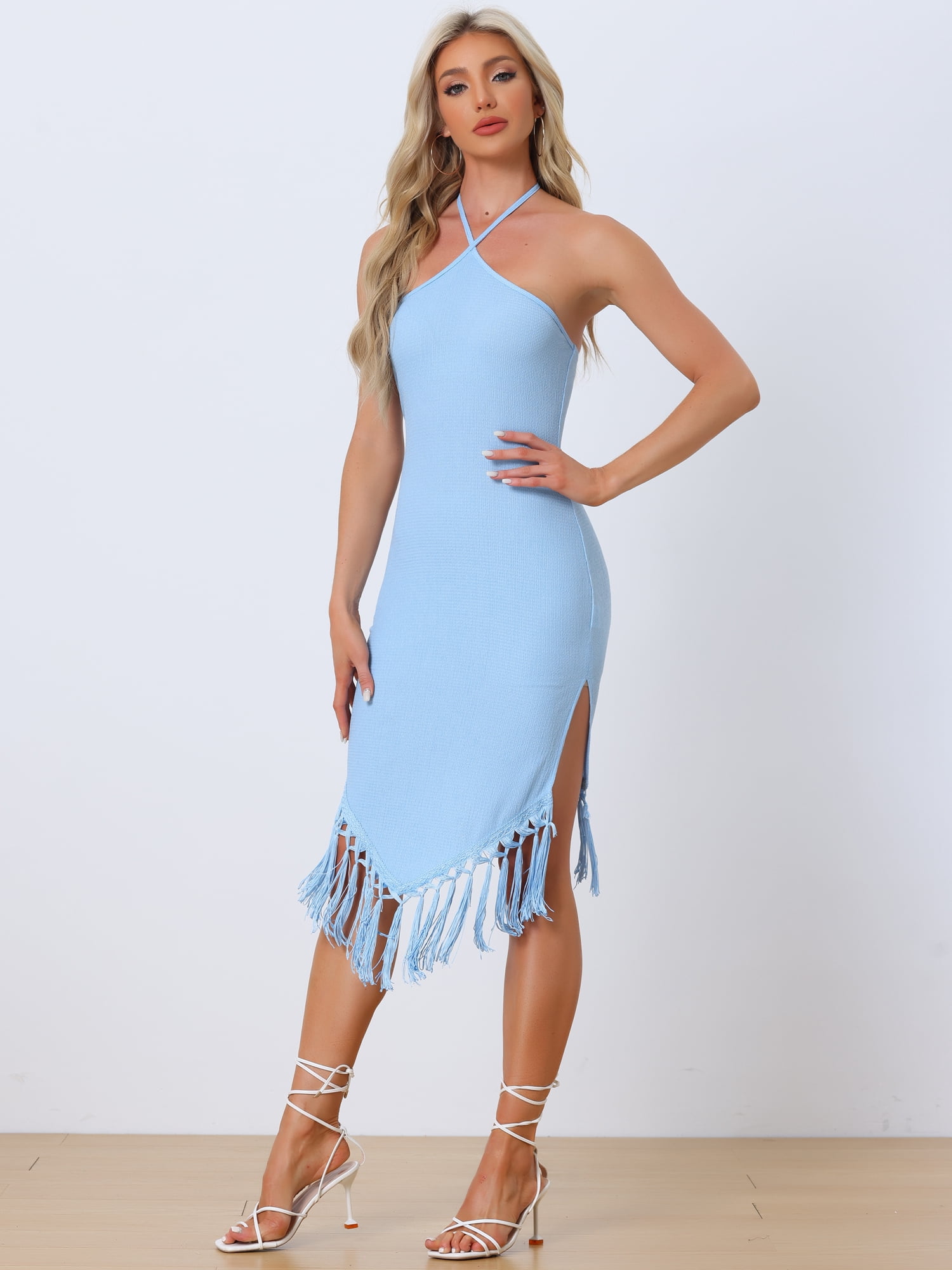 Unique Bargains Women's Halter Straps Sleeveless Tassels Evening Gown Bodycon Long Dress S Sky Blue