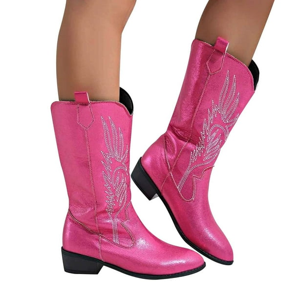 Botas vaqueras para mujer, botas vaqueras hasta la rodilla, ajustables, con cordones, bordadas, sin cordones, puntera puntiaguda, tacón grueso, botas vaqueras