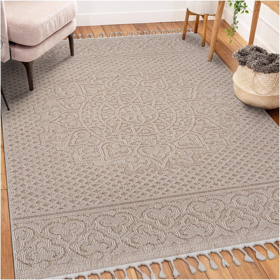 JERFIT 6x9 Feet Area Rug Beige Medallion Pattern Indoor Outdoor Carpet, Low Pile Non-Shedding Stain Resistant, Easy Clean Polypropylene Rug for Living Room Bedroom