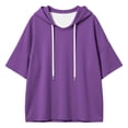 thumbnail image 4 of Xijirk Women's Cropped Short Sleeve Pullover Hoodie Drawstring Hood Drop Shoulder Oversized Boxy Fit Sweatshirt for Summer Spring Daily Casual Layering Outfits,Purple,M, 4 of 5