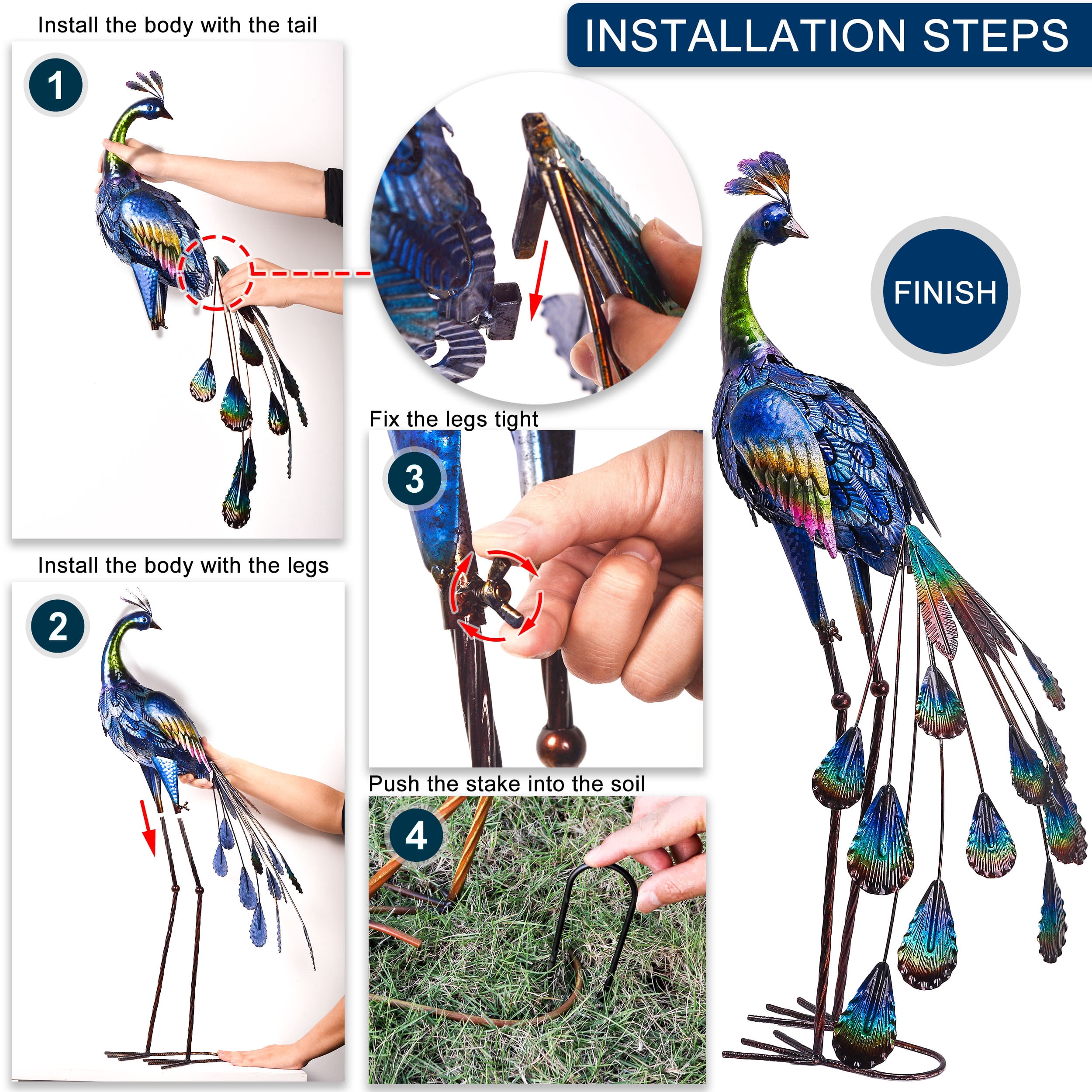 Teresa's Collections 35.04''H Large Peacock Garden Sculpture & Statue for Outdoor Decor Sturdy Metal Yard Art for Garden Decor Tall Blue Lawn Ornament for Party Patio Lawn Decor